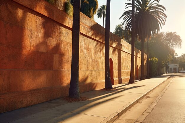 a street with palm trees and a wall with palm trees in the background