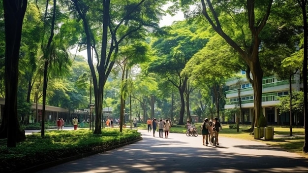 Photo a street with people walking and a building with a lot of trees in the background