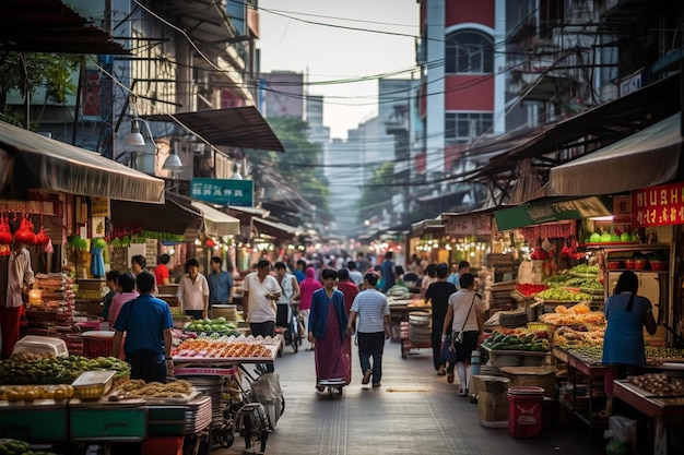 a street with people walking through a market with a sign that says " do not enter ".