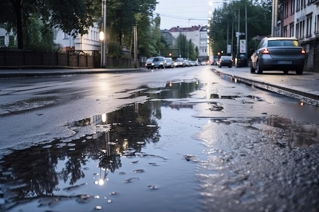 Street with puddles of water and wet asphalt after heavy rain