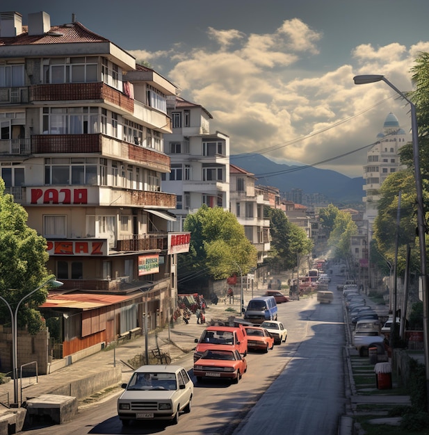 a street with a red car parked on the side of it