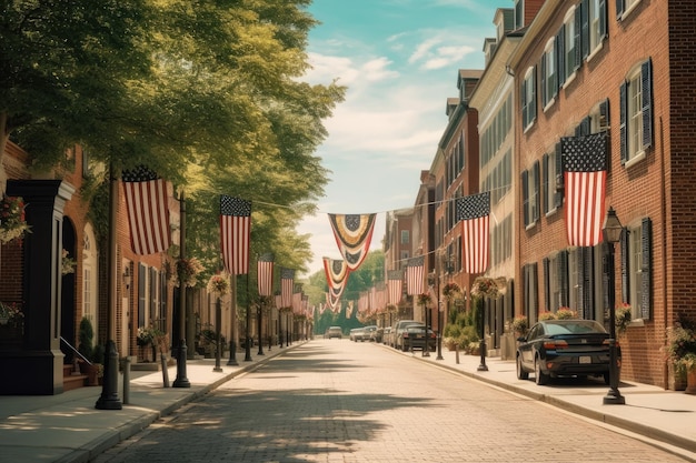 A street with a row of american flags hanging from the side of it
