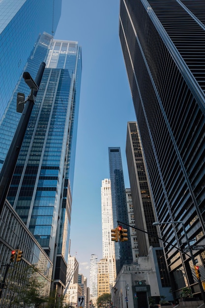 Street with skyscrapers in the business district of New York