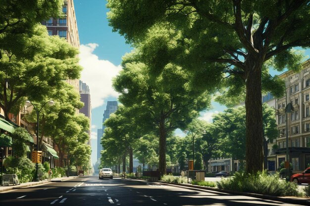 a street with a tree lined street in the background.