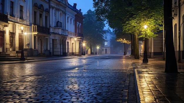 A street with a tree in the middle ai