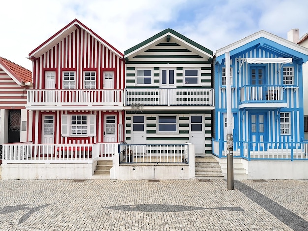 Street with typical houses in Costa Nova Aveiro Portugal