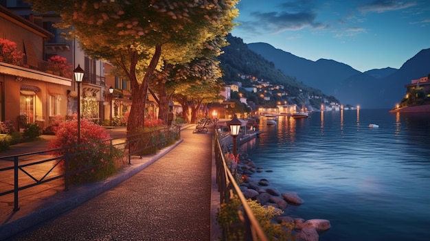 A street with a view of the lake and mountains in the background.