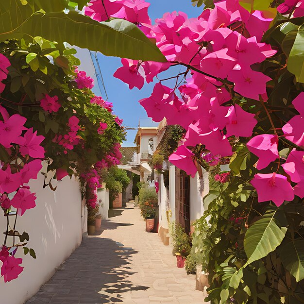 a street with white houses and flowers and a white wall