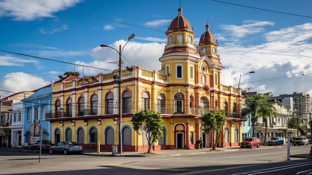 a street with a yellow building and a car driving by