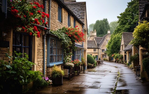 a street with a yellow house with flowers on the windows and a building with a sign that says  the name of the town