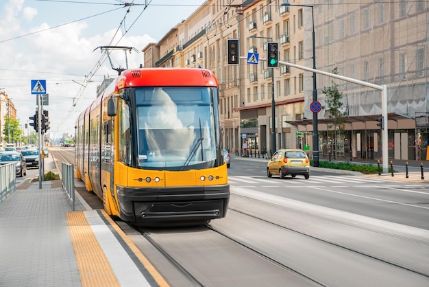 Streetcar on road in city Public transport