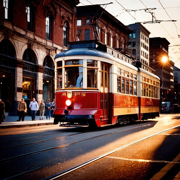 Photo streetcar tram urban city public transport transit vehicle on rails