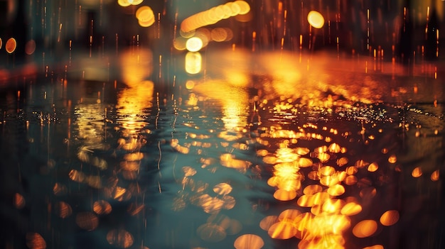 Photo streetlights reflected on a rainy city street illuminating the pavement with a captivating glow