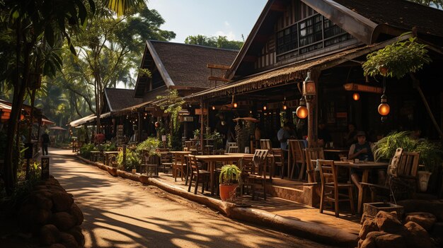 Streets and alleyways during the day Wooden Shop Community Shop Restaurant Countryside in Thailand