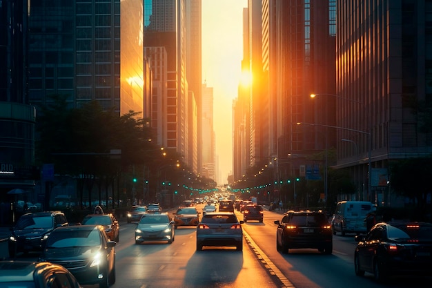 Foto strade di una grande città con grattacieli automobili traffico tramonto