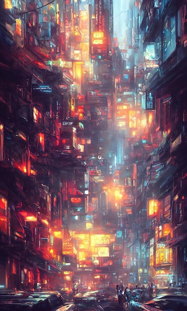 サイバー パンク都市の通り明るく輝く家と未来の幻想的な都市の高層ビルの窓ネオン広告サイン 3 d イラストレーション