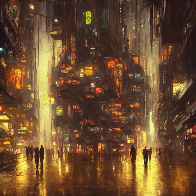 사이버펑크(Cyberpunk) 도시의 거리 밝은 빛나는 집과 환상적인 미래 도시의 고층 빌딩 창문 네온 광고 표지판 3d 그림