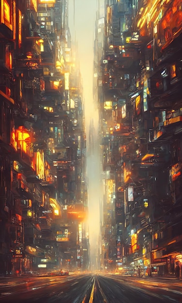 Streets of cyberpunk city bright glowing houses and windows of\
skyscrapers of a fantastic city of the future neon advertising\
signs 3d illustration