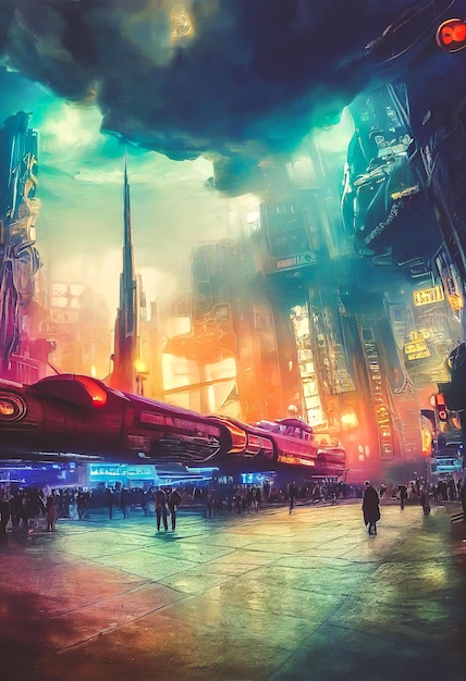 Streets of cyberpunk city ornate submarine style architecture
colorful city lights neon signs futuristic steampunk shops
restaurants and churches factory bridge futuristic
transportation
