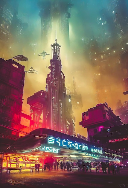 Streets of cyberpunk city ornate submarine style architecture
colorful city lights neon signs futuristic steampunk shops
restaurants and churches factory bridge futuristic
transportation