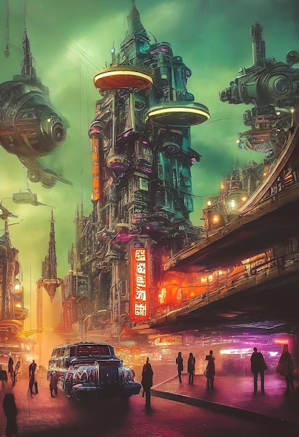 Streets of cyberpunk city ornate submarine style architecture
colorful city lights neon signs futuristic steampunk shops
restaurants and churches factory bridge futuristic
transportation