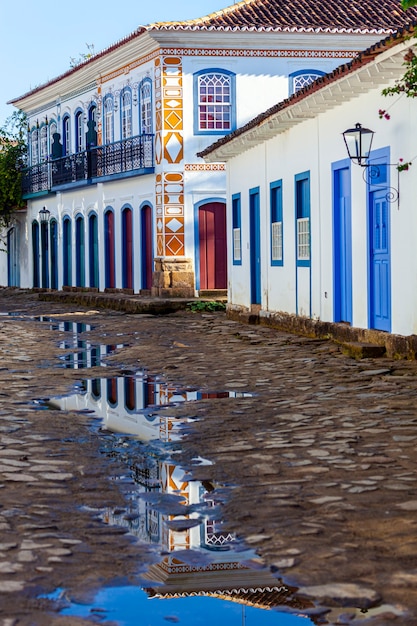 Streets and houses of historical center in Paraty, Rio de Janeiro, Brazil. Sunny day in Paraty. Paraty is colonil city listed Unesco