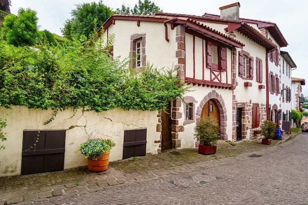 Streets, houses and typical architecture of the village San Juan Pie de Puerto in the French Basque country. France