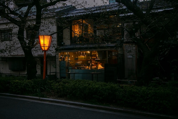 Streets and river of Kyoto city at dusk