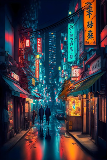 Streets of Tokyo city night neon lights hand drawn illustration