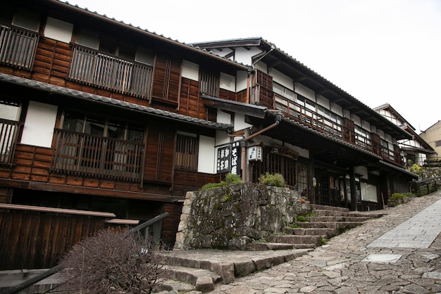 Streets and traditional Japanese houses at Magome Juku town along the Nakasendo trail in Kiso Valley