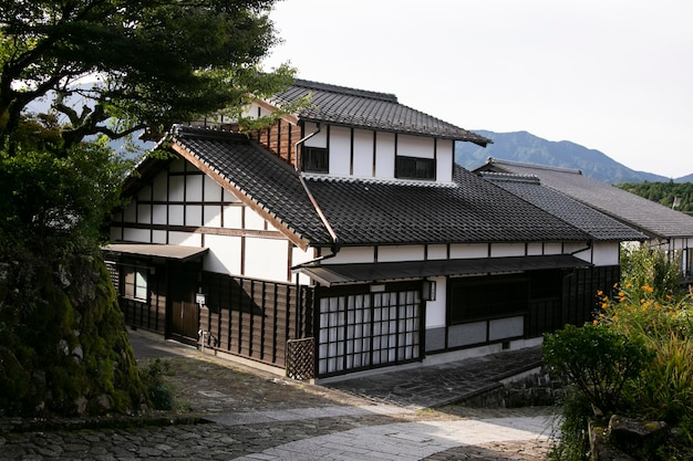 Streets and traditional Japanese houses at Magome Juku town along the Nakasendo trail in Kiso Valley