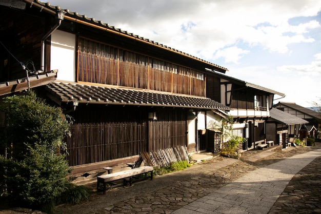 Streets and traditional Japanese houses at Magome Juku town along the Nakasendo trail in Kiso Valley