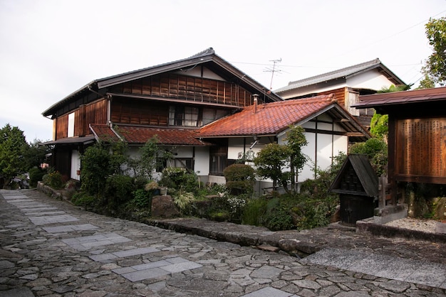 Streets and traditional Japanese houses at Magome Juku town along the Nakasendo trail in Kiso Valley