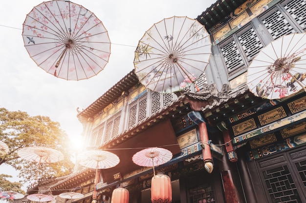 Streets and Umbrellas in Zhoucun Ancient Town