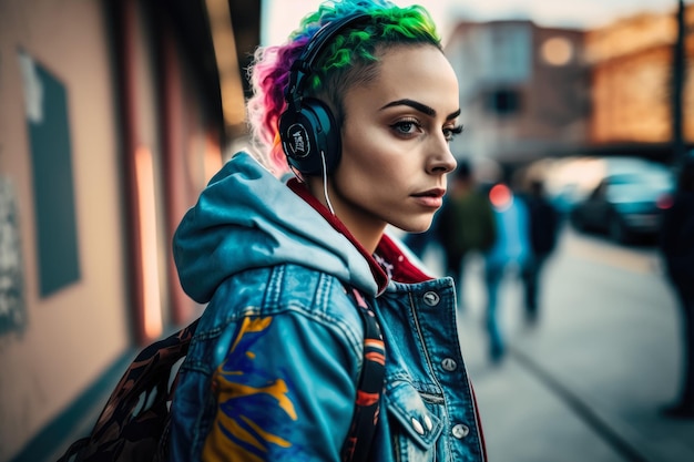 Foto ragazza di streetstyle che indossa cuffie colorate e una giacca di denim