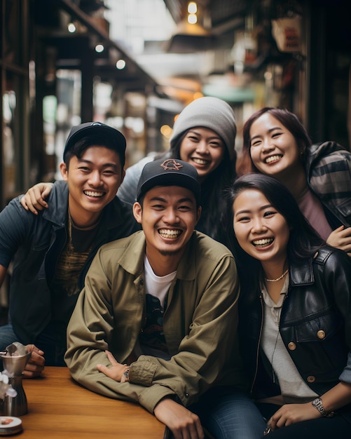 Streetstyle photo of a group of 5 best friends in the coffee shop