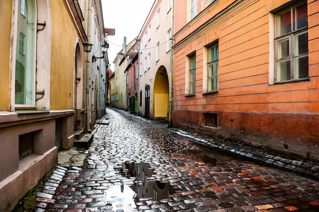 エストニア、タリンの旧市街のストリートビュー。雨上がりの濡れた石畳