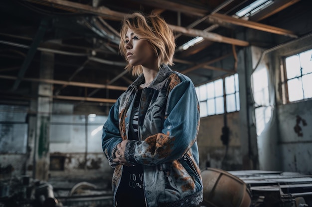 Streetwear and urban fashion shoot with model in abandoned warehouse created with generative ai