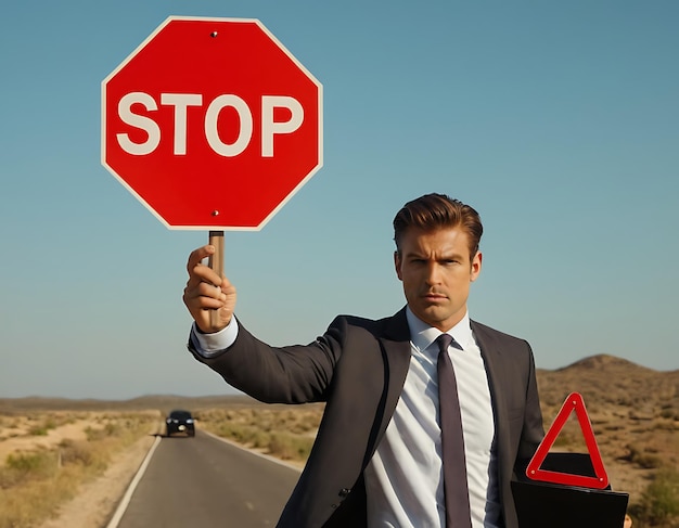 Strenge boze man met baard die een stopbord vasthoudt en met een serieuze gezichtsuitdrukking naar de camera wijst