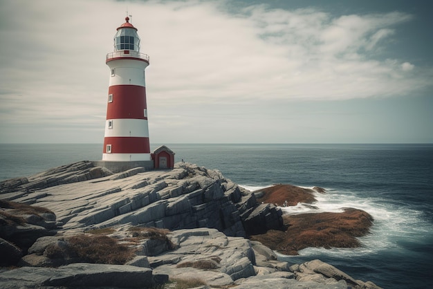 The strength and beauty of a lighthouse tower perched on a rocky cliff Generative AI