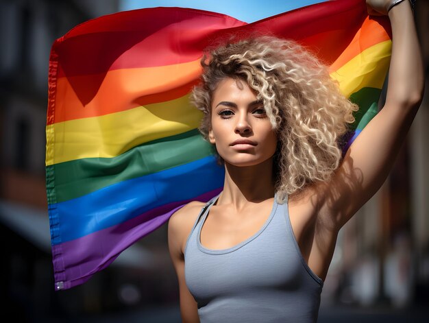 Strength in the Diversity of Women Flexing their Arm in the Street before the Waves of the LGTBI Fla