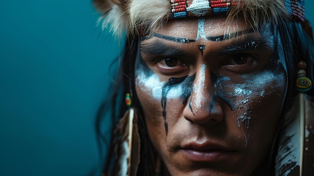 Strength Revealed Native American Man Radiating Confidence and Determination Isolated Against Solid Background with Copy Space