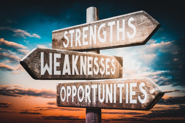 Photo strengths weaknesses opportunities wooden signpost with three arrows sunset sky in background