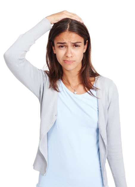 Stress confused and portrait of woman in studio with puzzled doubt and thinking people expression Anxiety confusion and uncertain young person with sad face at isolated white background