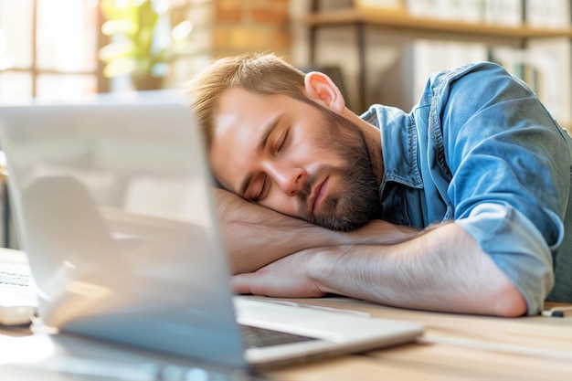 Стресс и усталость Человек спит на столе с ноутбуком