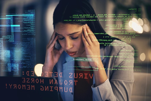 Stress headache and programmer with depression gets a cyber security attack virus or glitch Anxiety tired and sad business woman or worker in iot and big data hacked by a hacker at work
