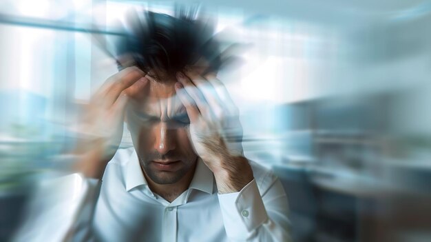 Foto stress migraine en motion blur met een zakenman in een vergadering gevoel gefrustreerd generatieve ai