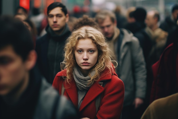 Stress panic attack concept Lonely sad unhappy woman standing in a crowd of people rush hour