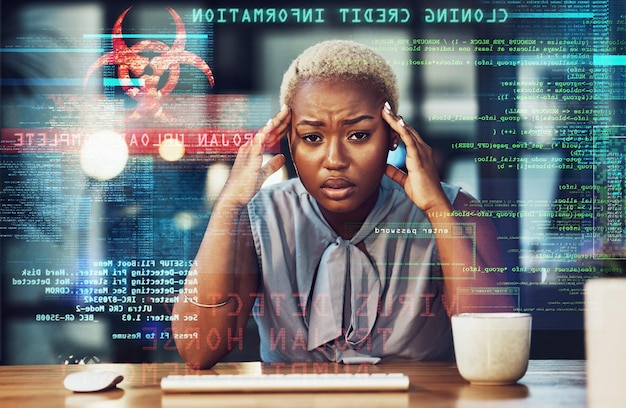 Stress programmer headache and black woman gets a cyber security attack virus or glitch Anxiety depression and portrait of sad person in it or big data hacked with ransomware in office overlay