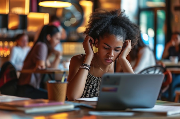 Stress student vrouw met laptop in café gefrustreerd door studeren werken en project